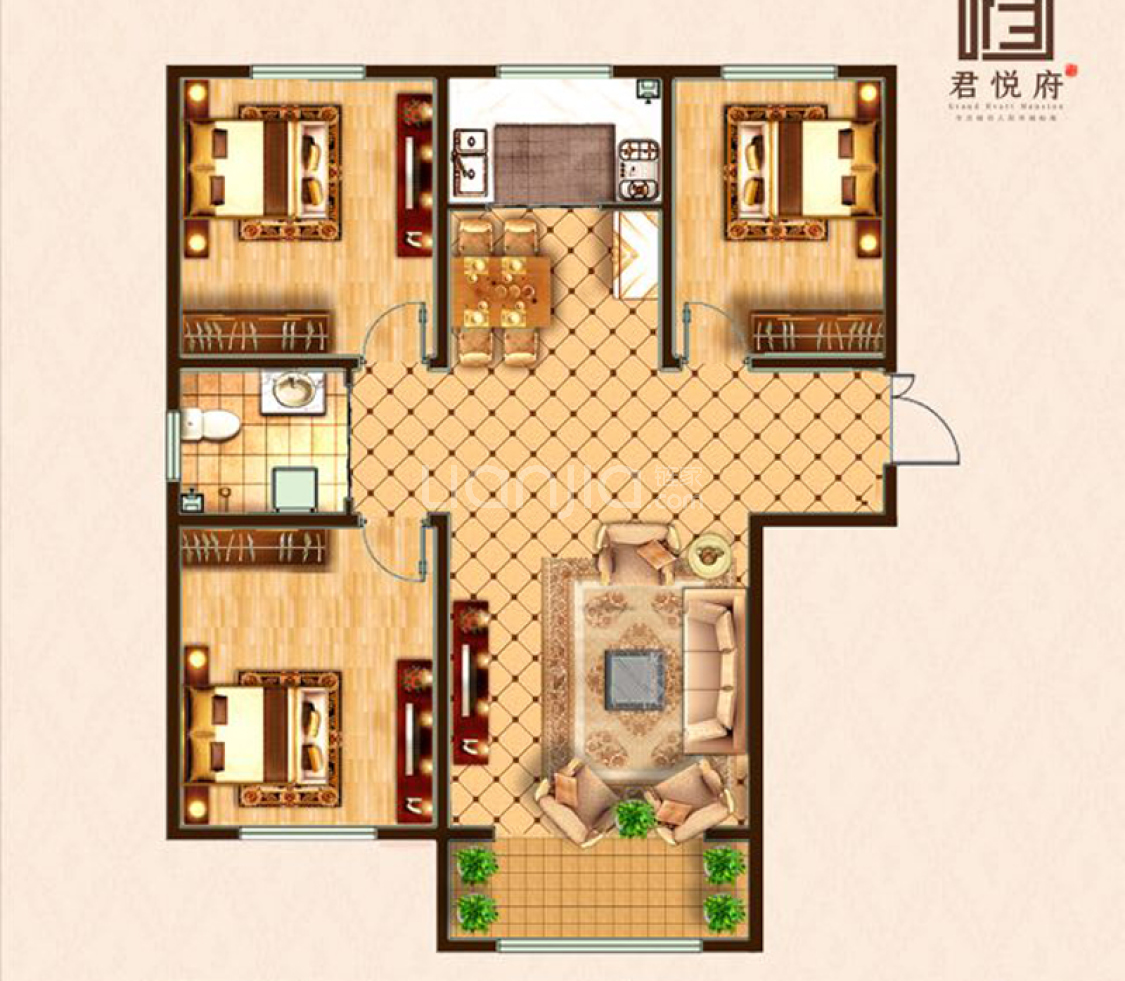 【君悦府_包头君悦府楼盘】三居室户型图|3室2厅1卫建面 117.