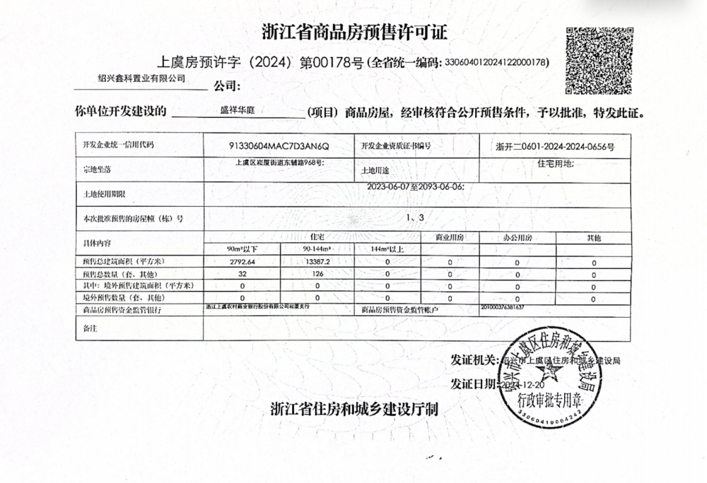 盛祥华庭预售许可证