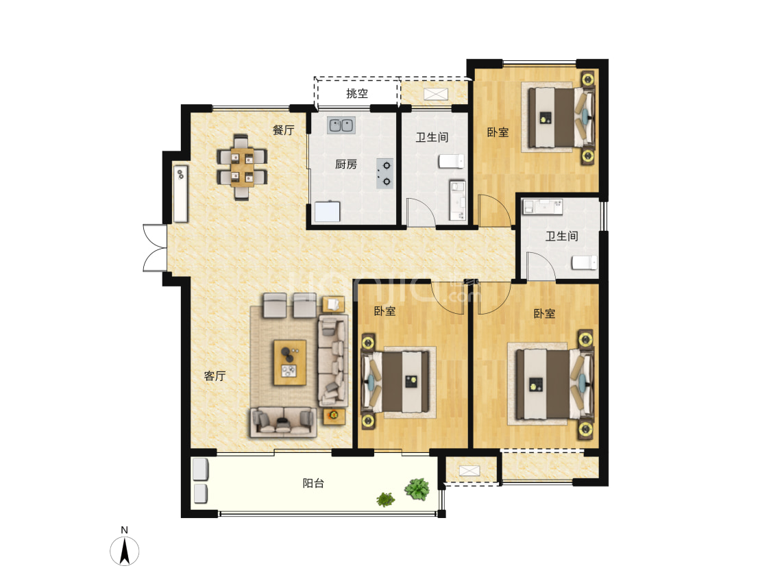 【郑州华侨城_郑州郑州华侨城楼盘】三居室户型图|3室2厅1厨2卫建面