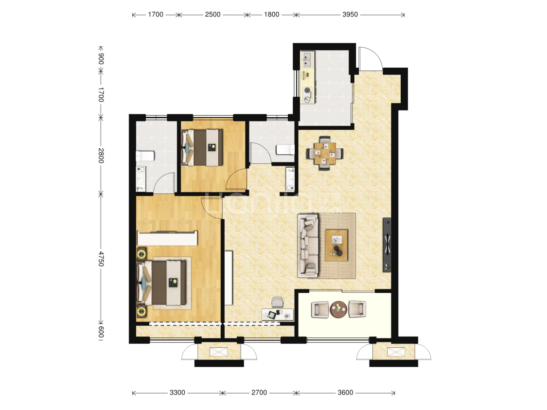 【吾悦华府_沈阳吾悦华府楼盘】二居室户型图|2室2厅1厨2卫建面 105m