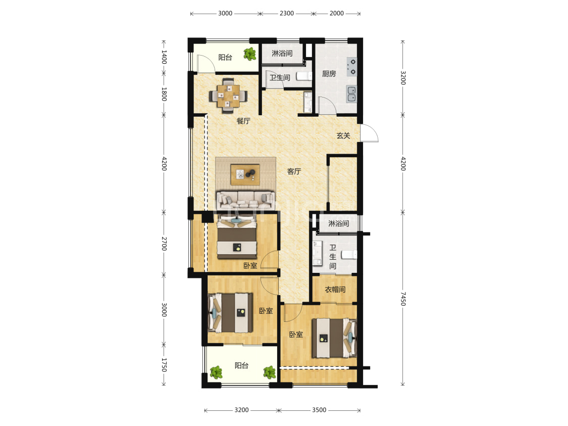 杭州广厦天都城滨沁&沁源公寓楼盘】三居室户型图|3室2厅1厨2卫建面