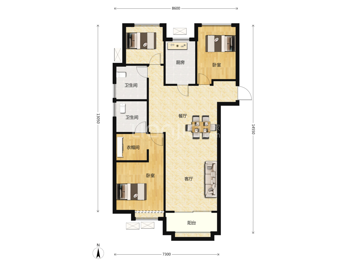 三居室户型图|3室2厅1厨2卫建面 127m05房型图-石家庄贝壳新房