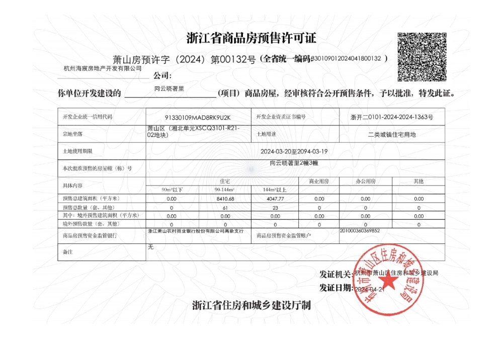 向云晓著预售许可证