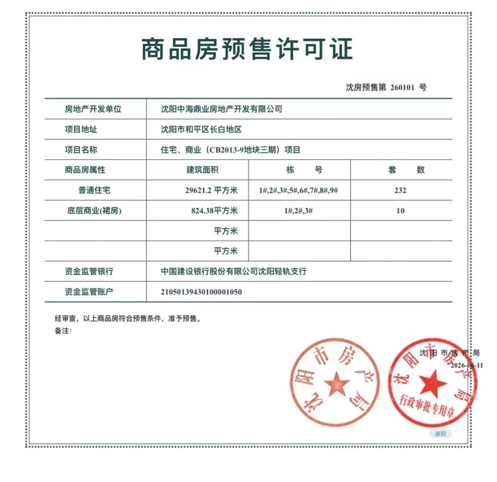 中海瑞文满和预售许可证