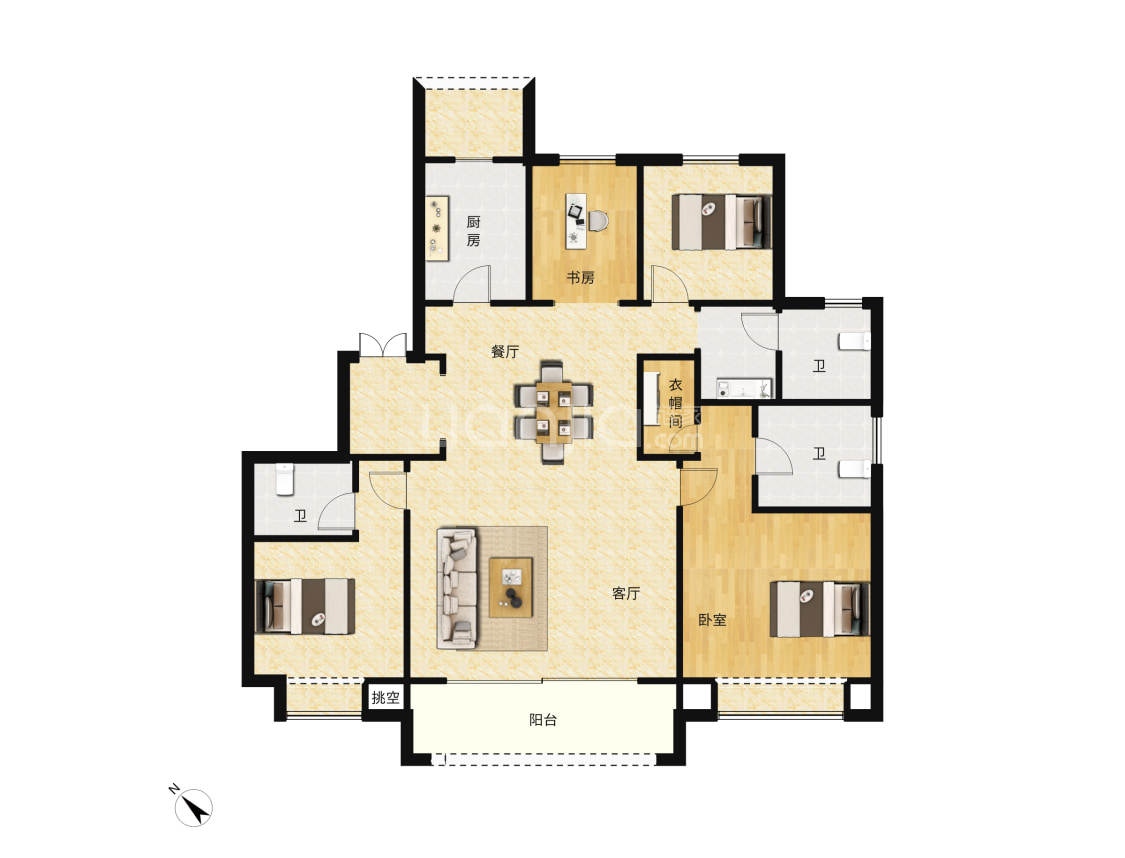 【远大·凤玺湾_太原远大·凤玺湾楼盘】四居室户型图|4室2厅1厨3卫建