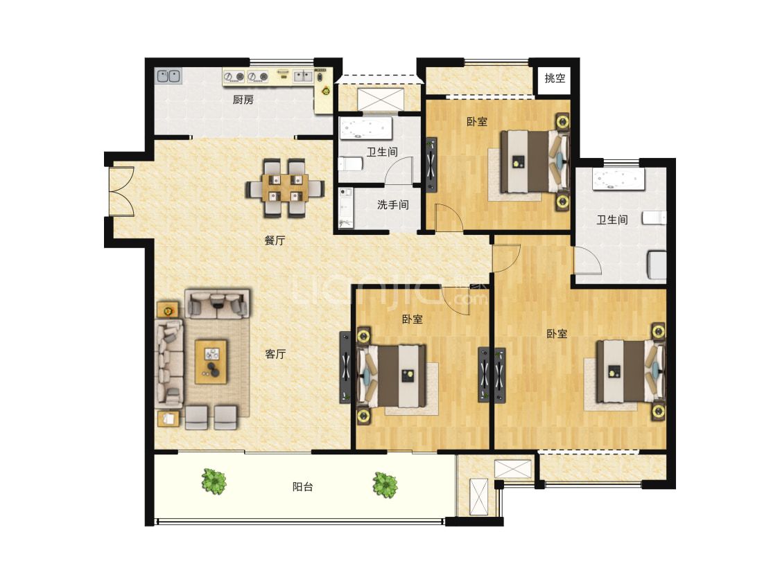 【鲁能公馆_苏州鲁能公馆楼盘】三居室户型图|3室2厅1厨2卫建面 114m