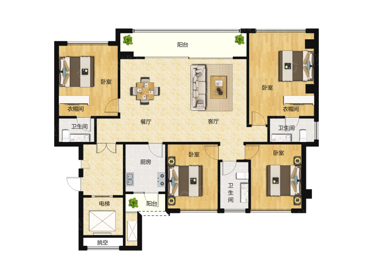 【御临府_重庆御临府楼盘】四居室户型图|4室2厅1厨3卫套内 114m05