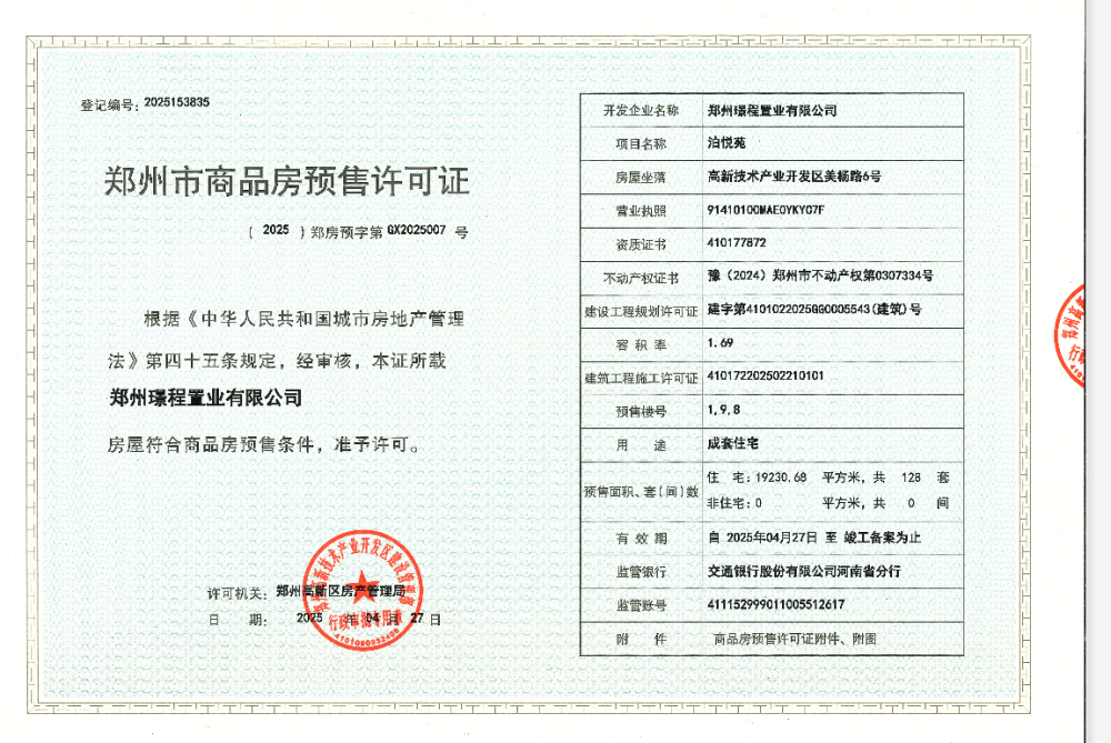 中建·泊悦府预售许可证