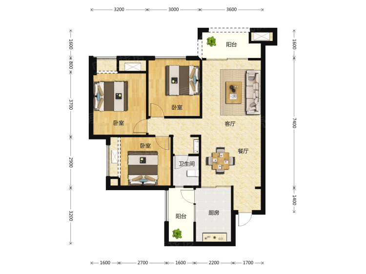 华润置地润西山3室2厅1卫户型图