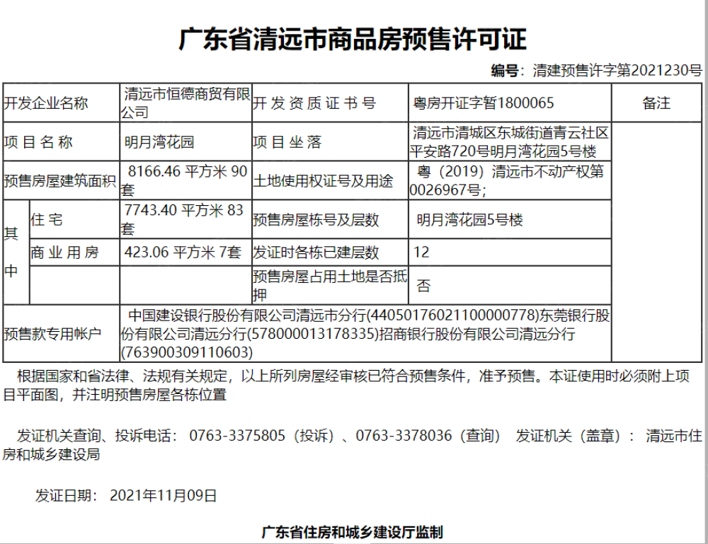 中象万豪明月湾预售许可证