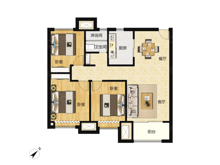 新城梧桐公馆3室2厅1卫户型图