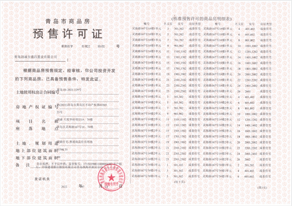 润诚天悦华府预售许可证