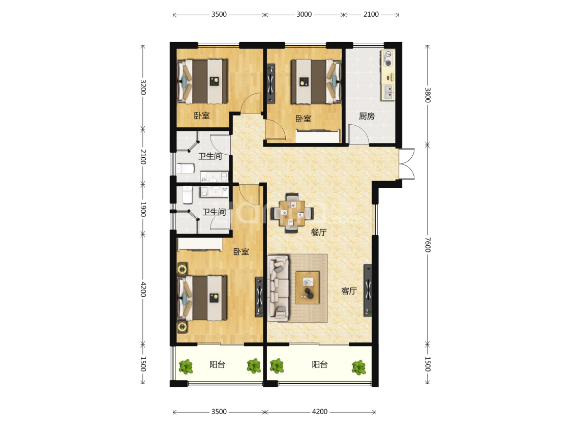 楼盘】三居室户型图|3室2厅1厨2卫建面 125m05房型图-武汉贝壳新房