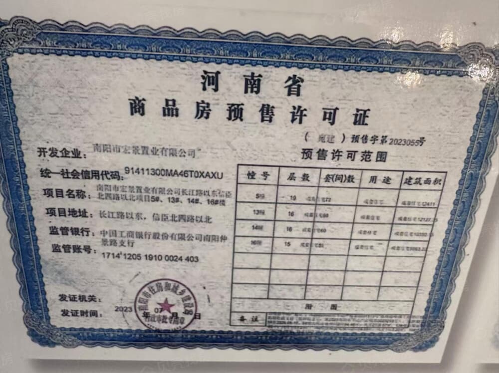 南阳宏景丰实苑预售许可证