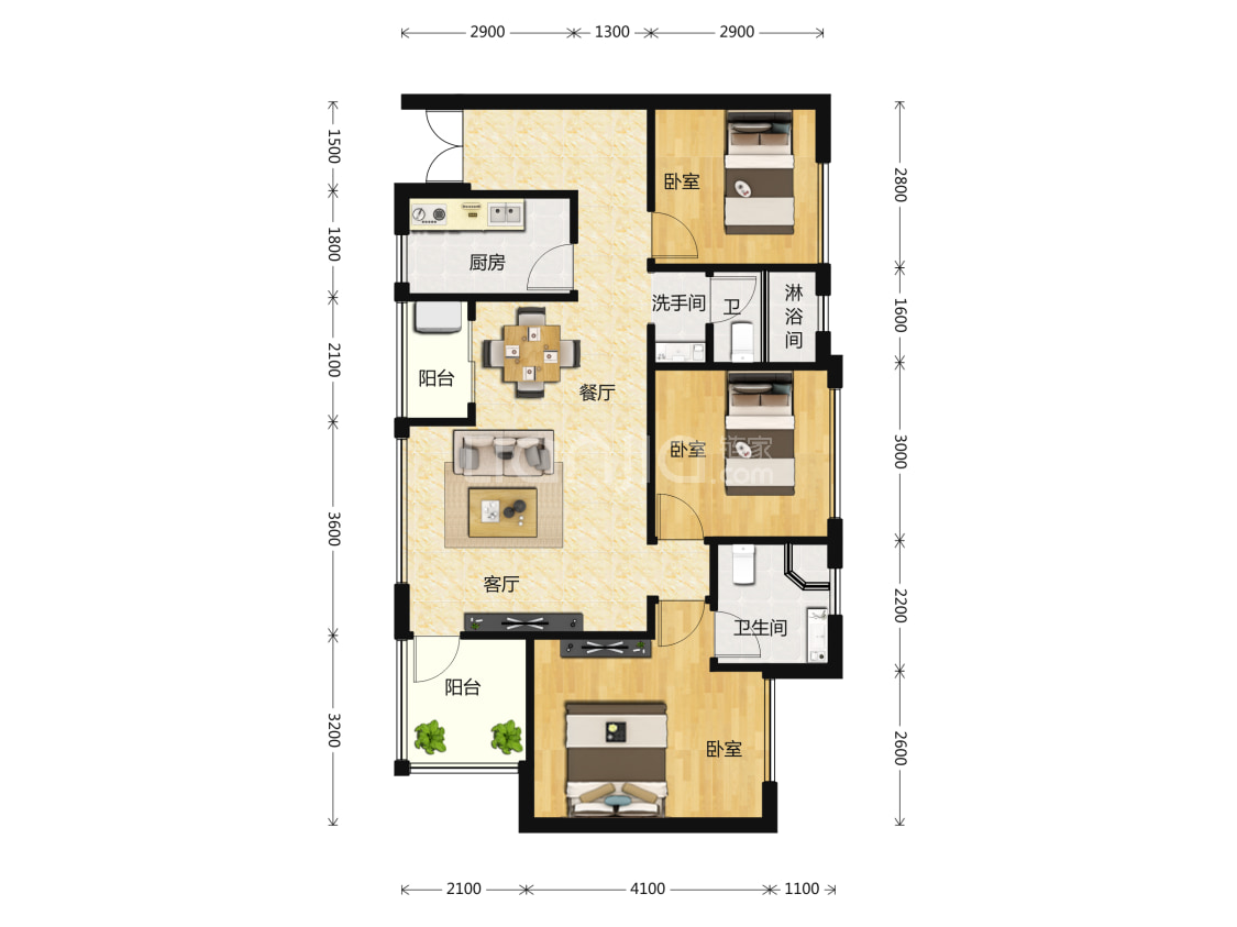 【阳光1519云梦洲_眉山阳光1519云梦洲楼盘】三居室户型图|3室2厅1厨2