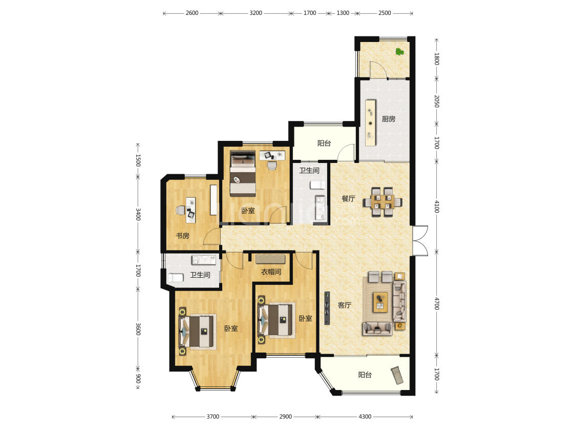【富兴时代御城_长沙富兴时代御城楼盘】四居室户型图|4室2厅1厨2卫建
