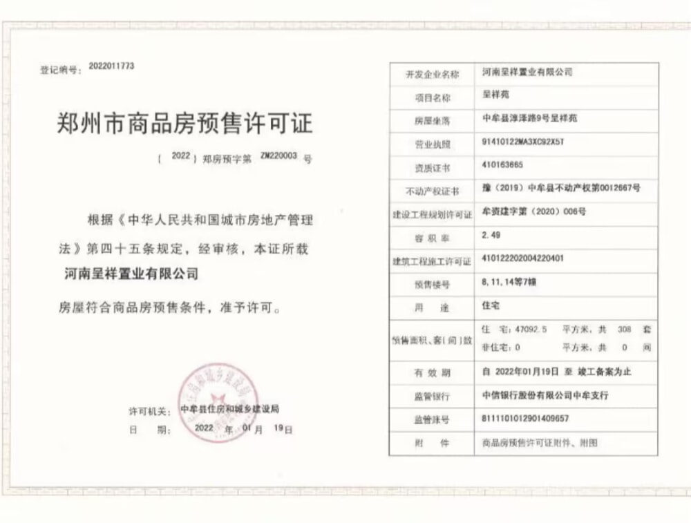 呈祥府预售许可证