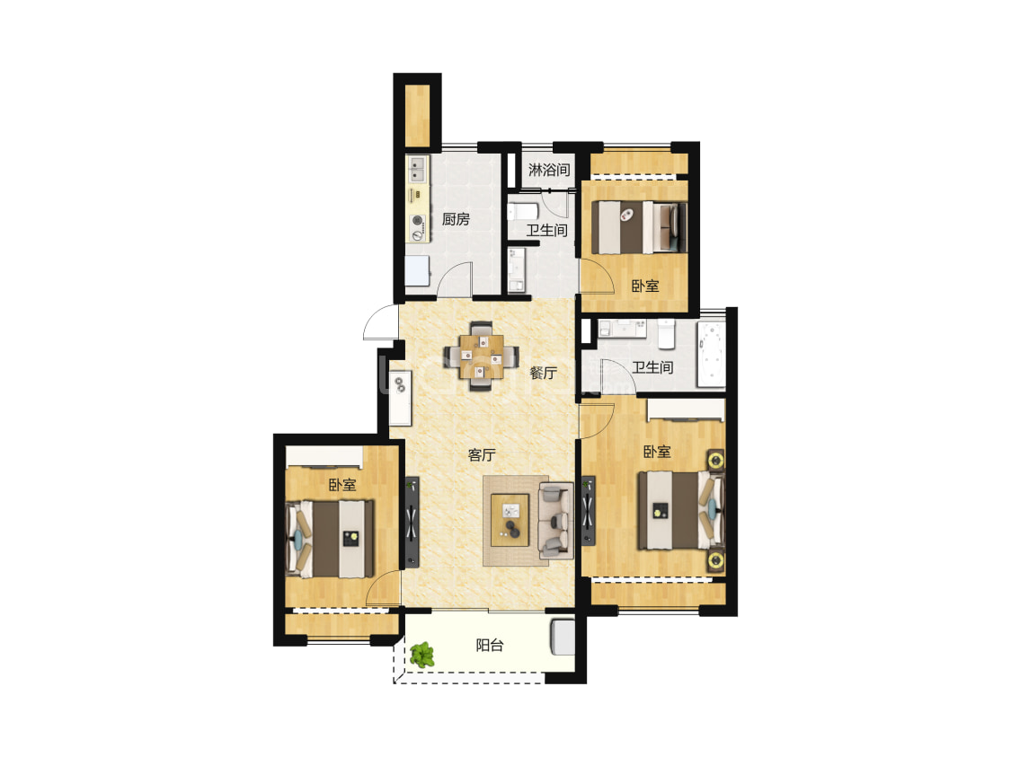 公元2040楼盘】三居室户型图|3室2厅2卫建面 99m05房型图-上海贝壳