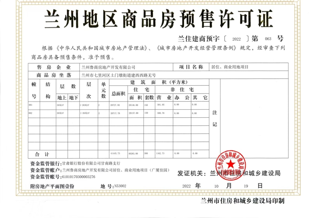 鲁商广厦佳园预售许可证