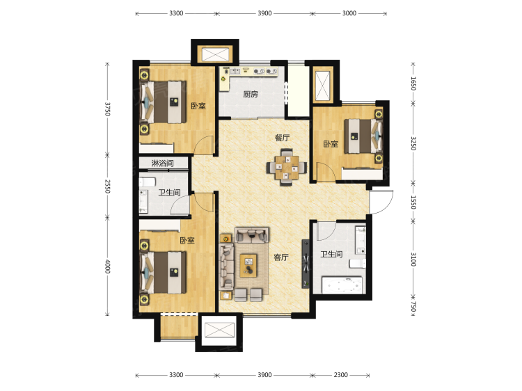 京投发展公园悦府3室1厅2卫户型图