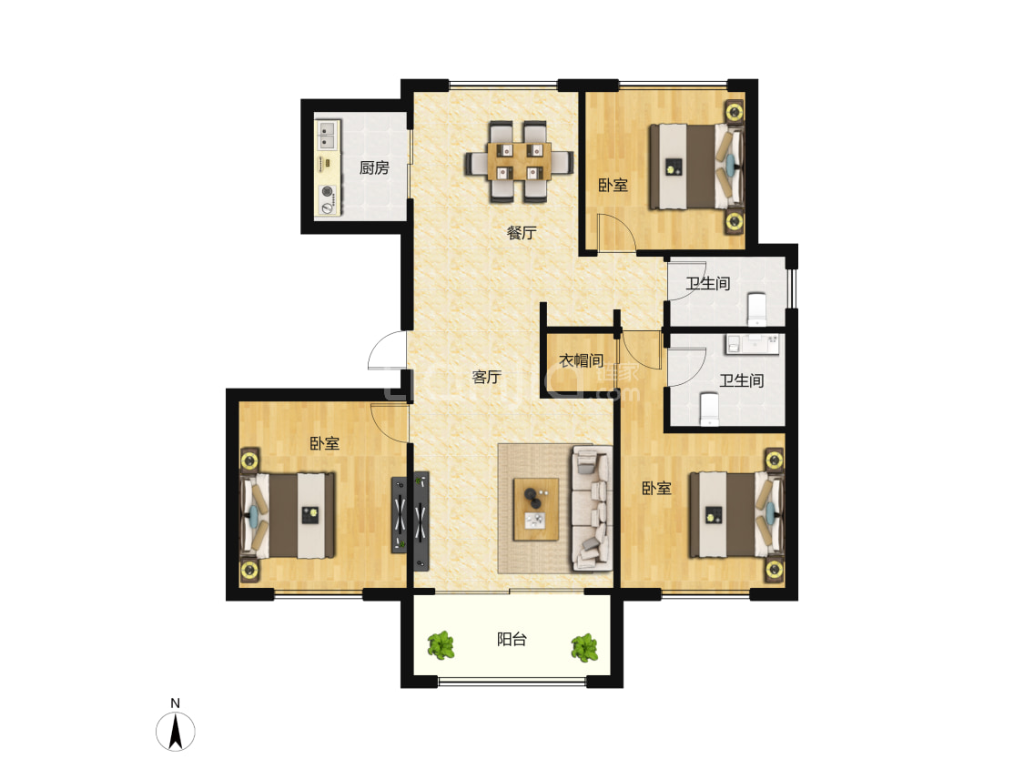 【宝华城市之星_上海宝华城市之星楼盘】三居室户型图|3室2厅1厨2卫建
