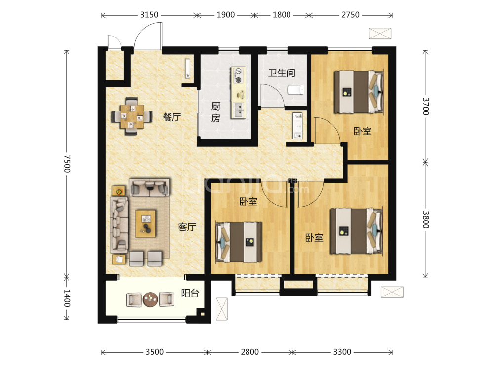 【龙湖天璞_吉安龙湖天璞楼盘】零居室户型图|3室2厅2卫建面 135m²