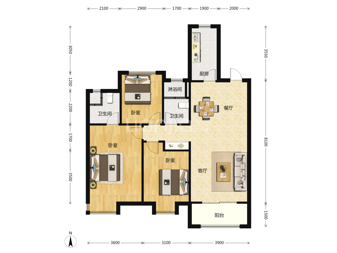 【保利堂悅_石家莊保利堂悅樓盤】三居室戶型圖|3室2廳1廚2衛建面 125