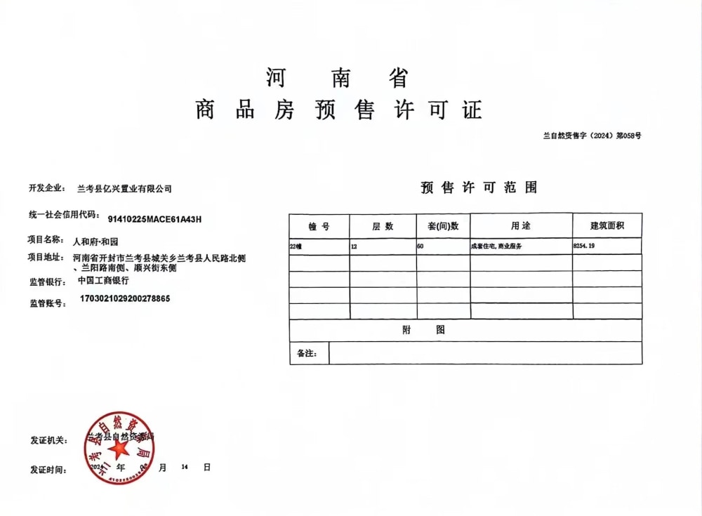 康建·人和府预售许可证