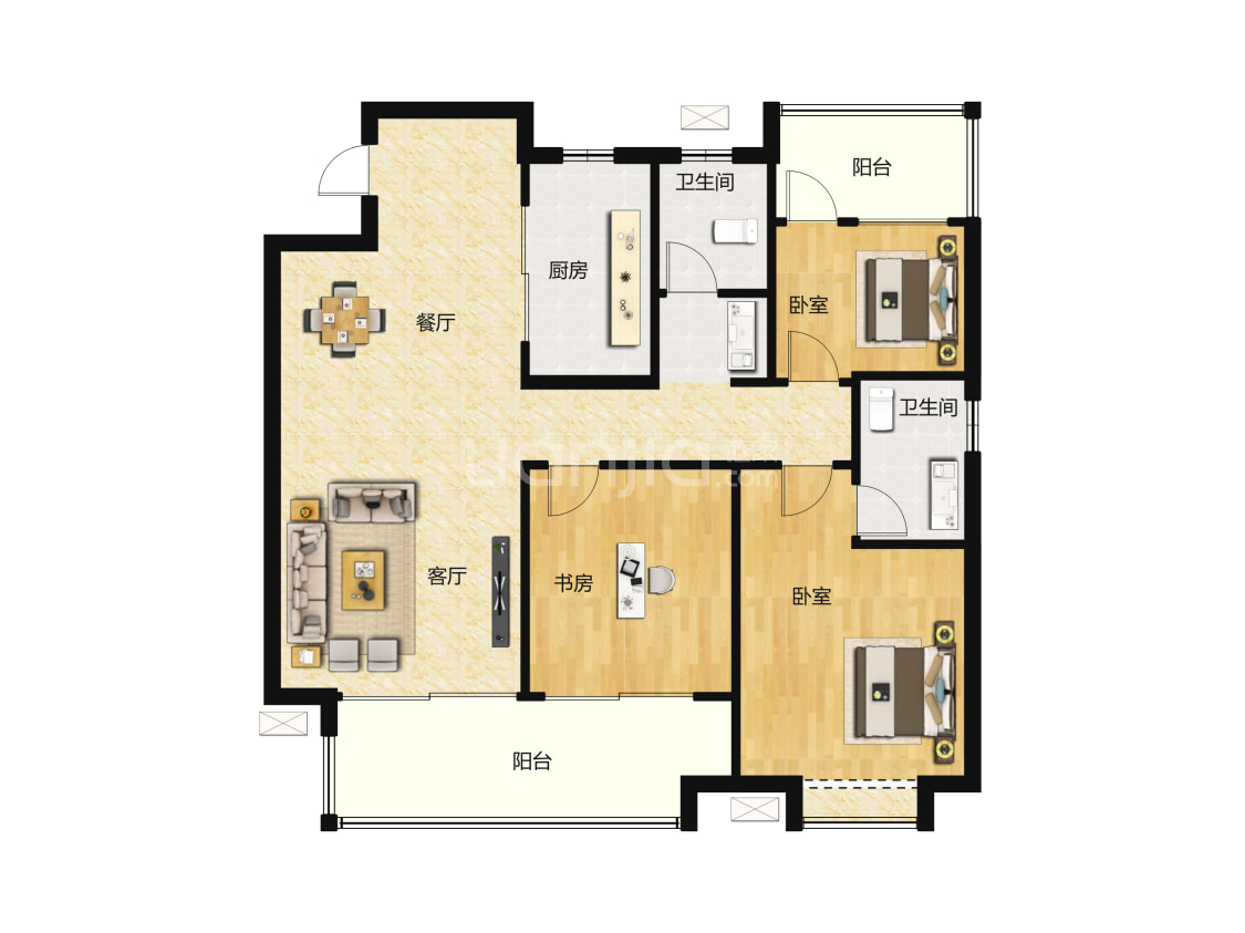 御府楼盘】三居室户型图|3室2厅2卫建面 128m05房型图-合肥贝壳新房