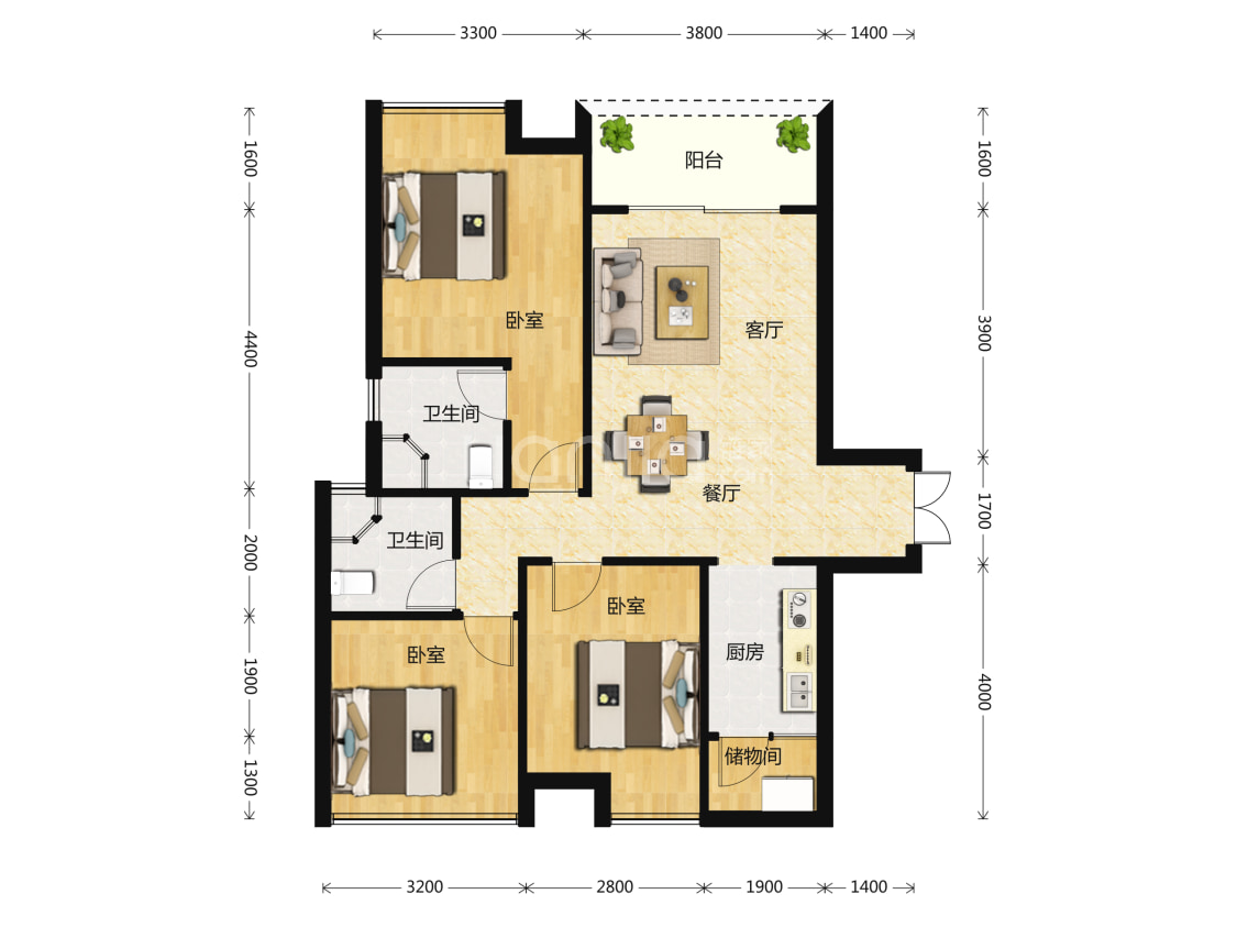 【金泉香槟城_成都金泉香槟城楼盘】三居室户型图|3室2厅1厨2卫建面
