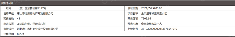 唐城·壹零壹预售许可证