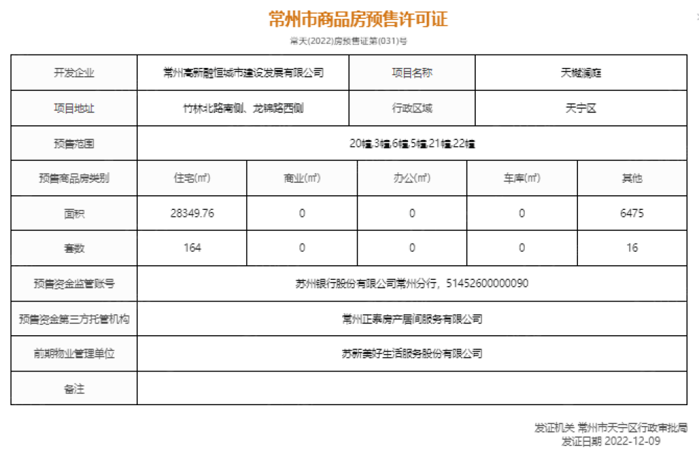 常州樾澜庭预售许可证