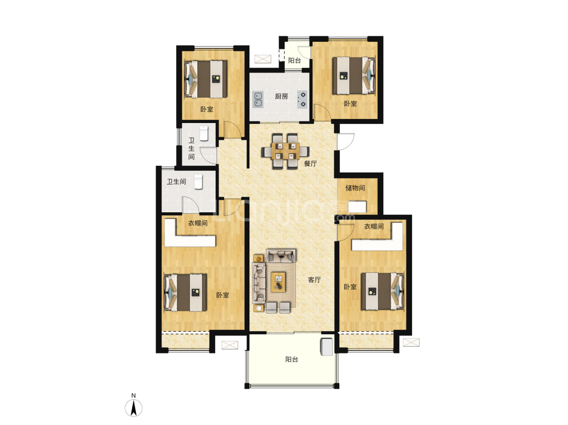 【正商生态城_焦作正商生态城楼盘】四居室户型图|4室2厅1厨2卫建面