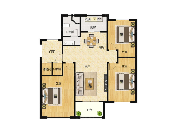 紫悦府3室2厅1卫户型图
