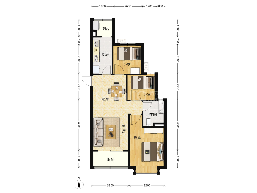 【恒大御景天下_北京恒大御景天下楼盘】零居室户型图|3室2厅1卫建面
