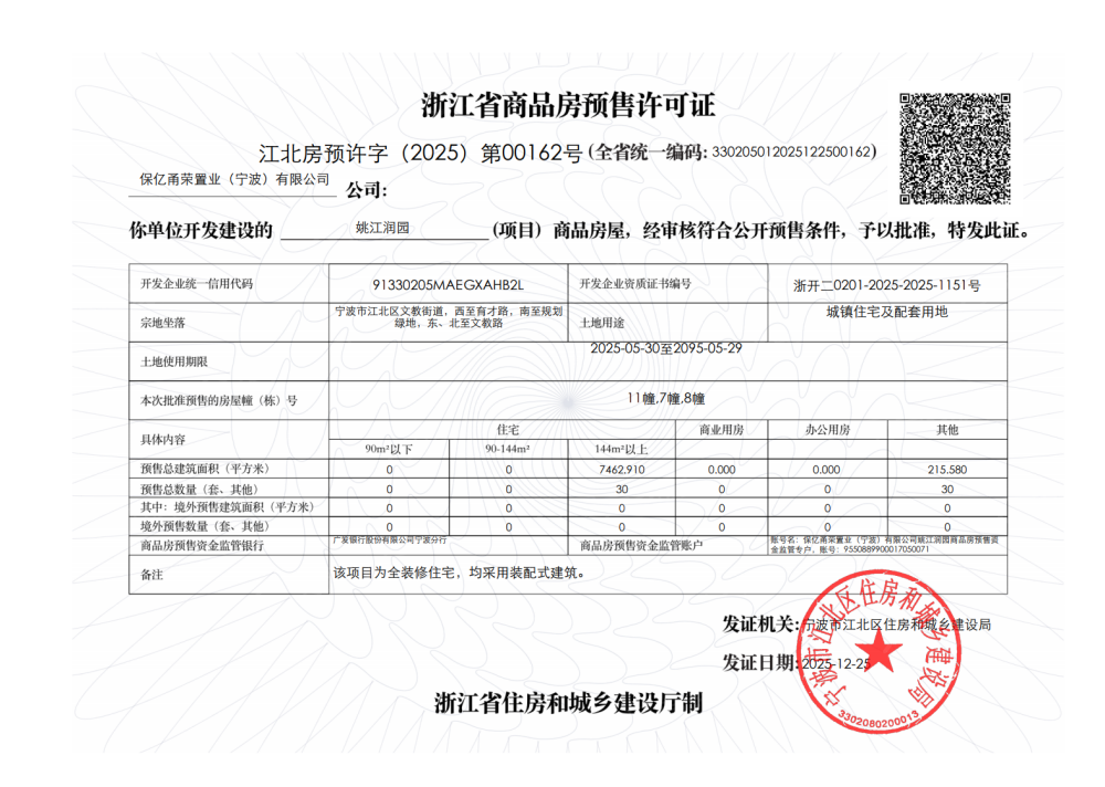 保亿·姚江润园预售许可证