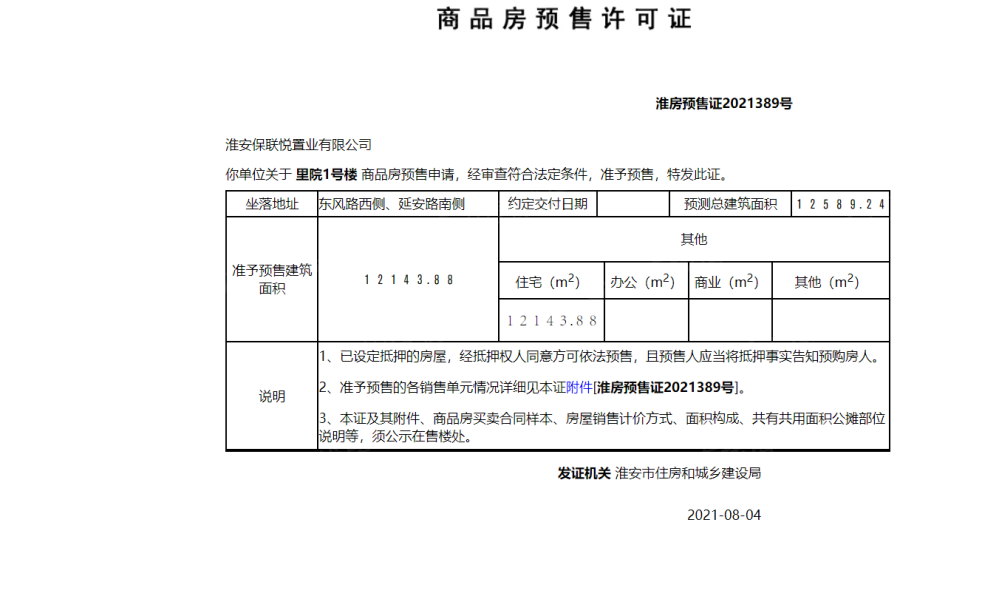 保利国联里院预售许可证