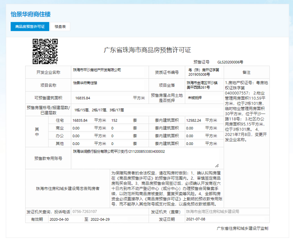 怡景华府预售许可证
