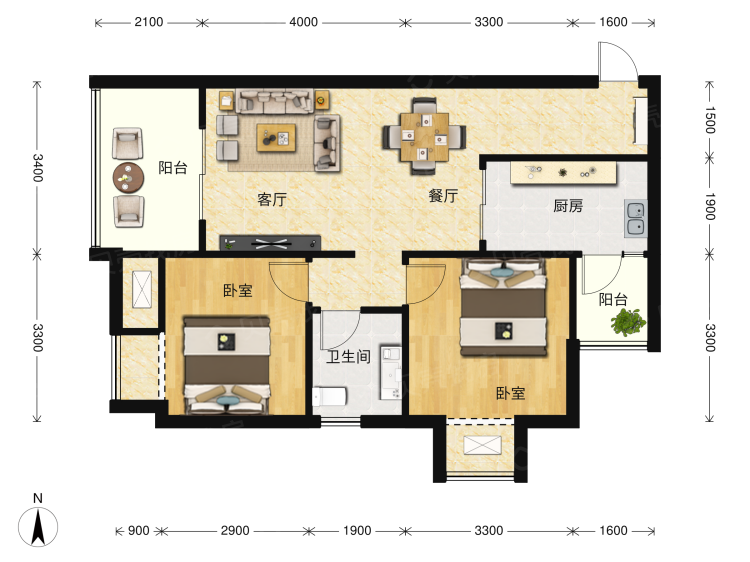 铭鑫鼎尚源2室2厅2卫户型图