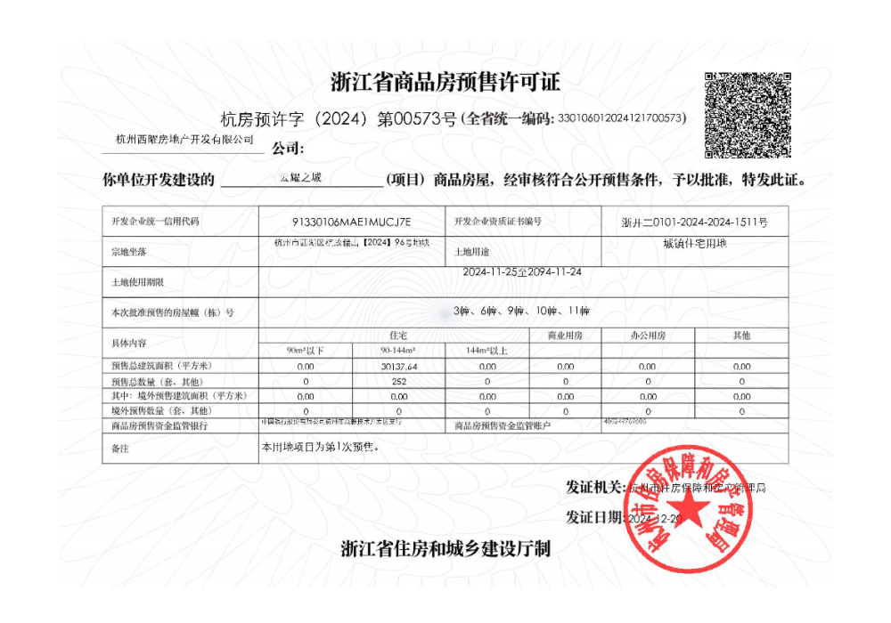 杭铁万科云耀之城预售许可证