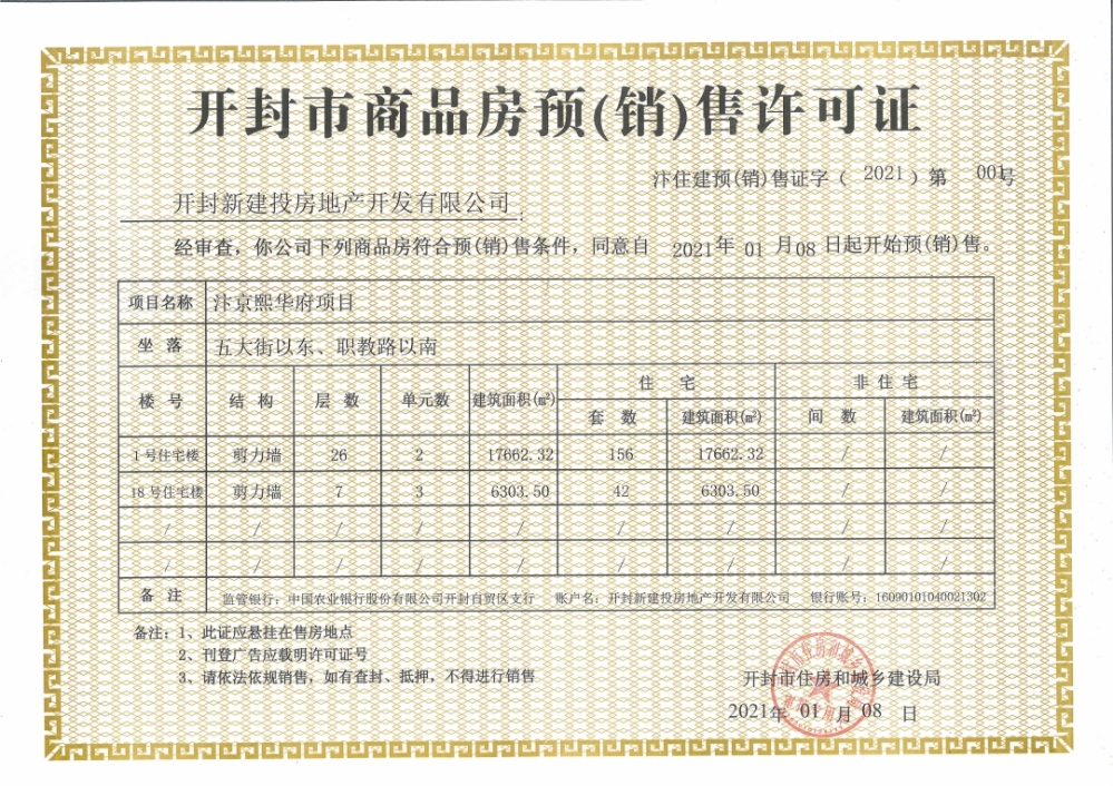 汴京熙华府预售许可证
