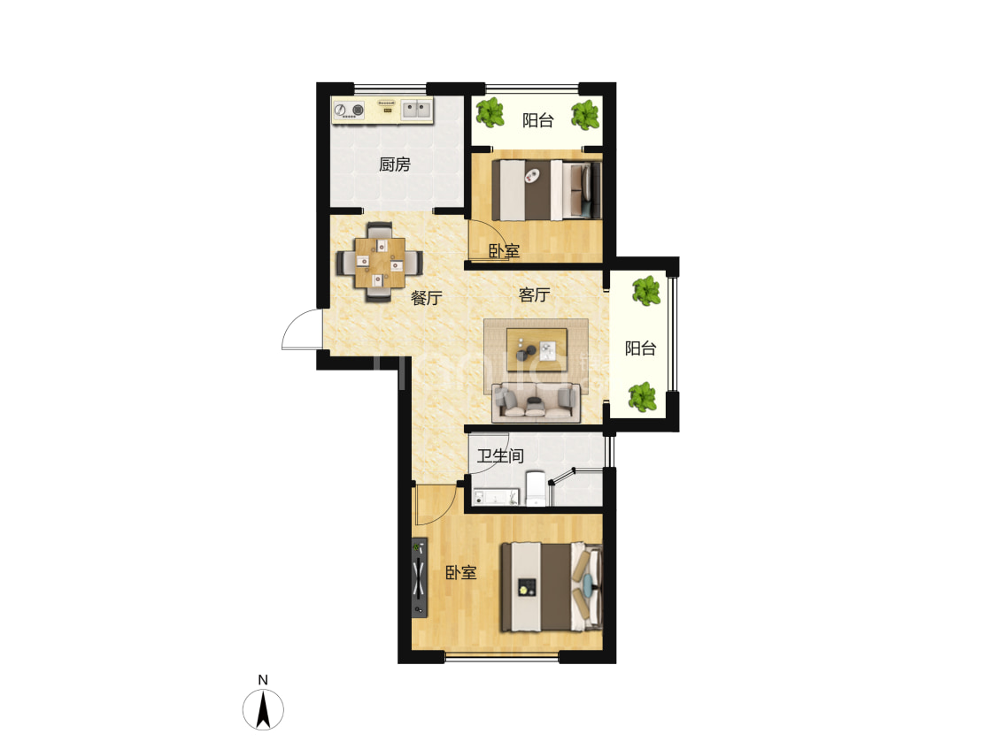 【中泰信上景_青岛中泰信上景楼盘】二居室户型图|2室2厅1厨1卫建面