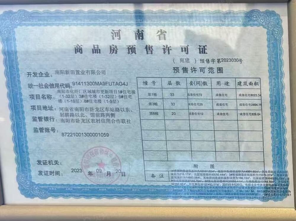南阳花漾美郡预售许可证