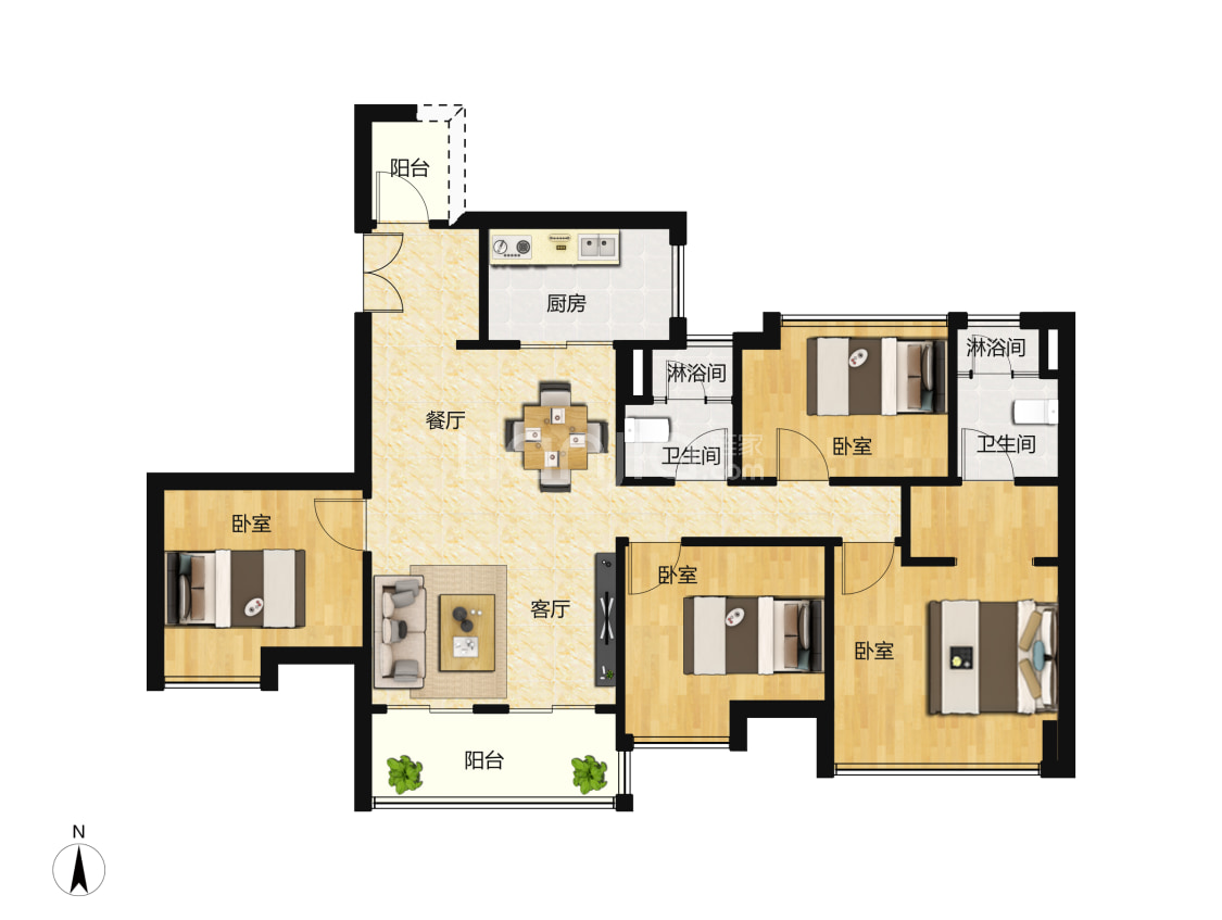 【时代天韵_广州时代天韵楼盘】四居室户型图|4室2厅1厨2卫建面 128m