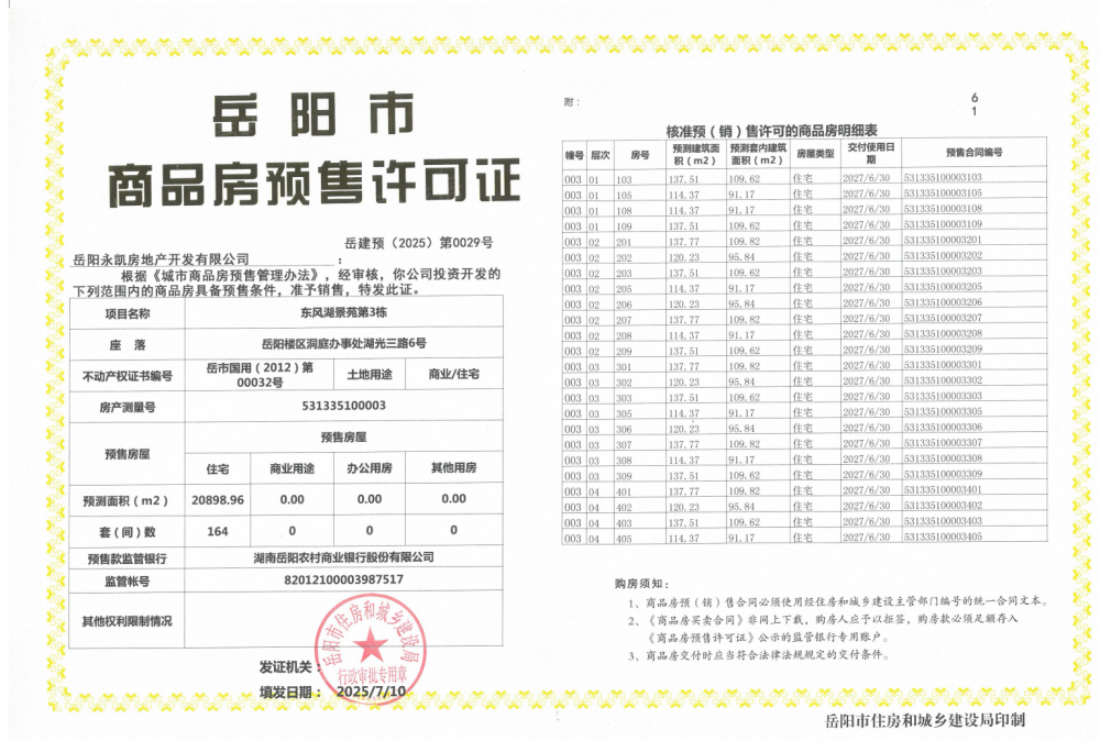东风湖景苑预售许可证