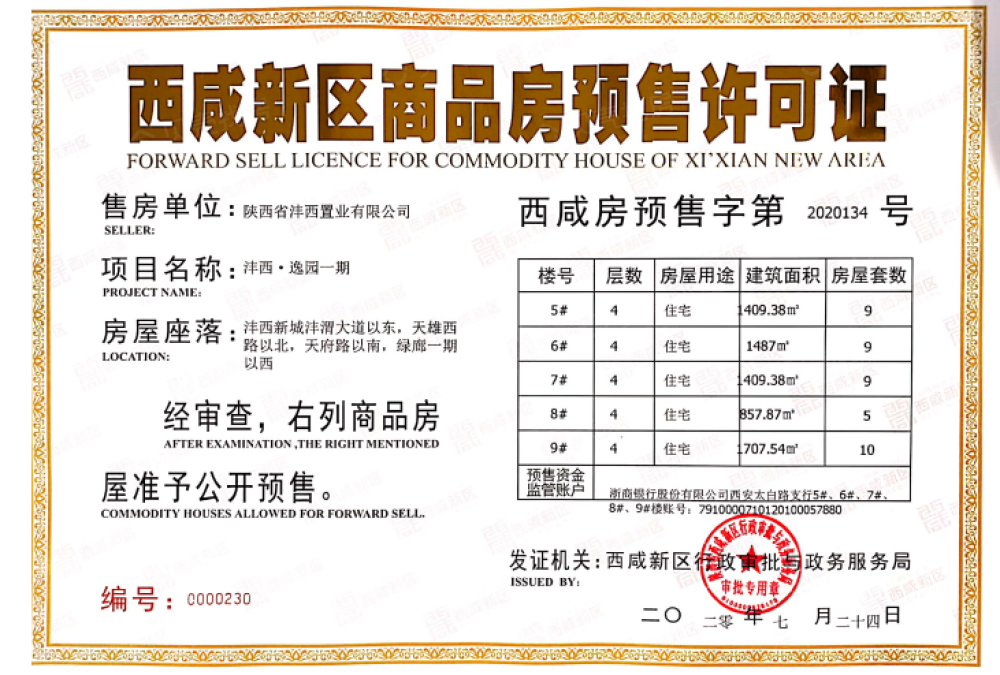 沣西逸园预售许可证