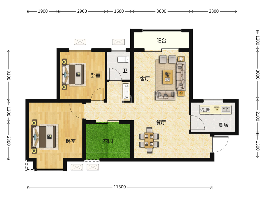 【上园_长沙上园楼盘】二居室户型图|2室2厅1厨1卫建面 90m05房型图